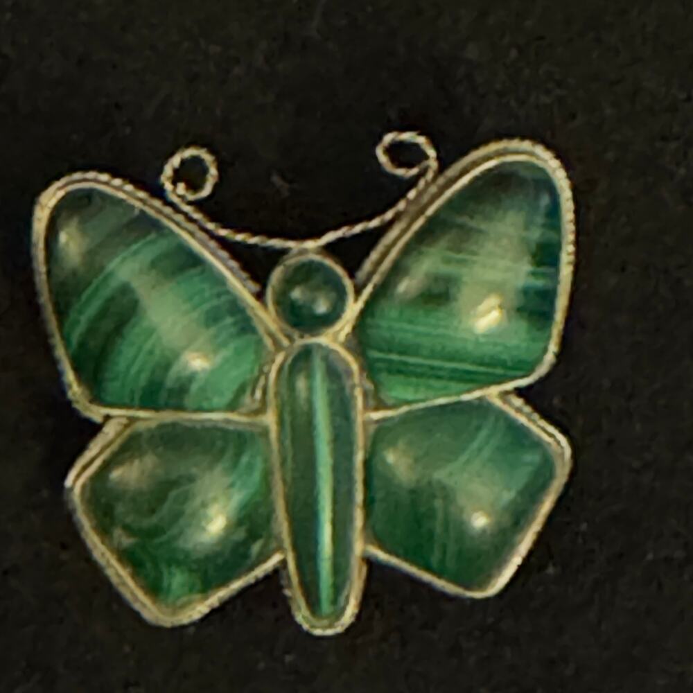 Vintage Sterling and Malachite Butterfly Brooch Pin Russia 1"